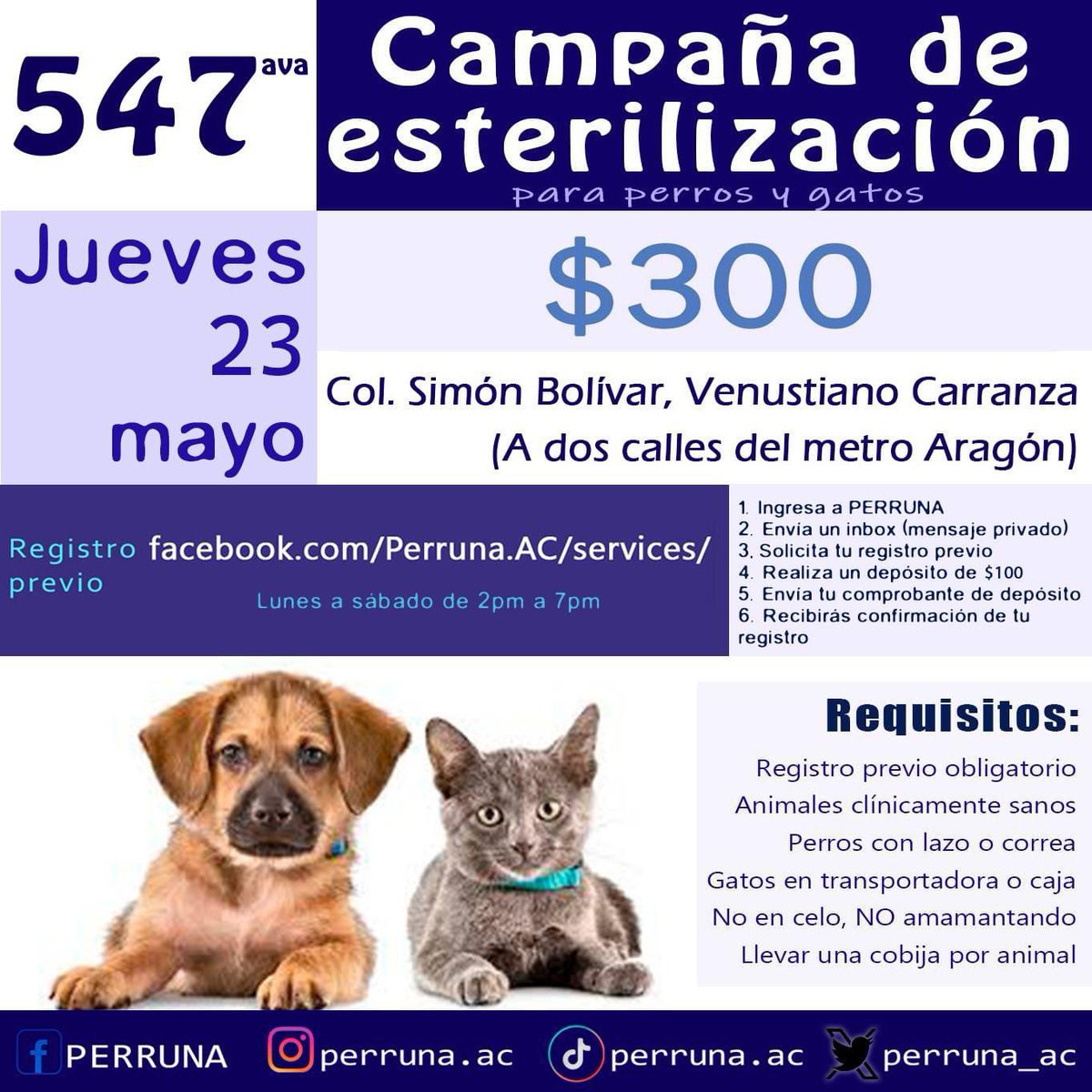 Campaña de esterilización a bajo costo ($300) Consultas veterinarias gratuitas IMPORTANTE: Se atenderá ÚNICAMENTE con REGISTRO PREVIO. #Aragón #VenustianoCarranza #CDMX #VC #esteriliza #vacuna #desparasita