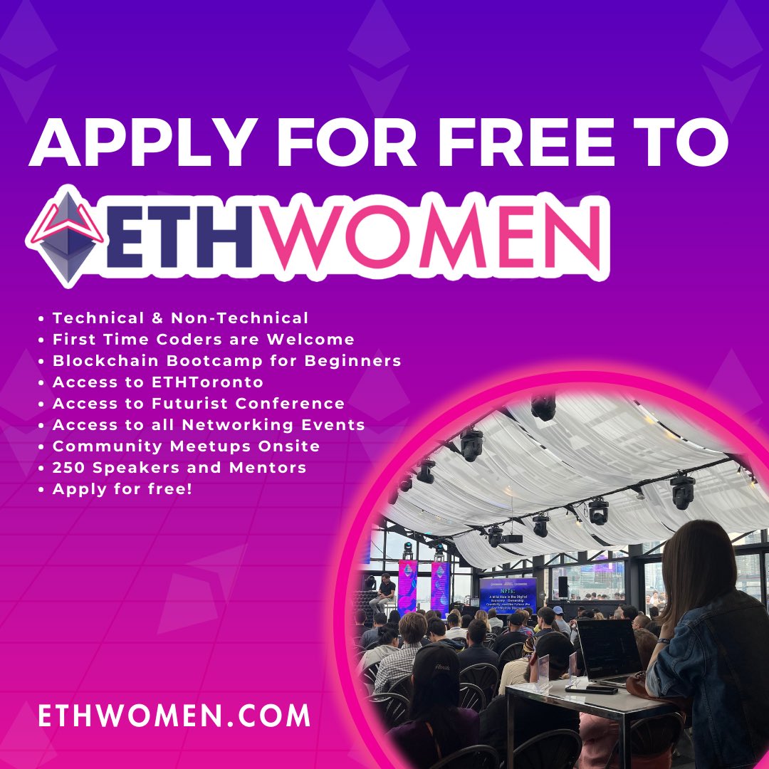 💥 Apply to ETHWomen while you still can 💥 🚀 Hundreds of Web3 developers 🚀 Speakers & mentors 🚀 Free access to @Futurist_conf 🚀 Free access to @ETH_Toronto 🚀 Free access to 30+ sub-events & meetups Apply for free 👉 ETHWomen.com #WomenInCrypto #WomenInWeb3…
