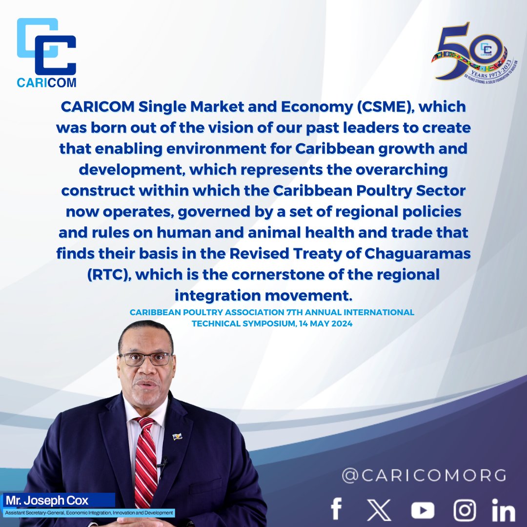 #CARICOM Assistant Secretary-General Joseph Cox delivered and address at the Caribbean Poultry Association's 7th International Technical Symposium. Read his full address ➡️ow.ly/nkeU50RGlS6