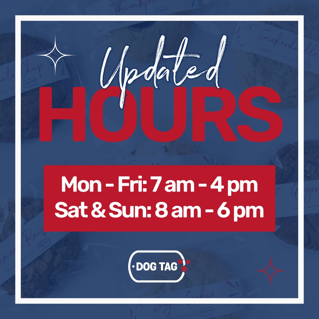 It's time for even more brownie and cakey goodness with Dog Tag Bakery's updated hours! 🍰 Join us for an extra hour at the bakery every day of the week. Stop by Monday through Friday 7 am to 4 pm and Saturday and Sunday 8 am to 6 pm.
