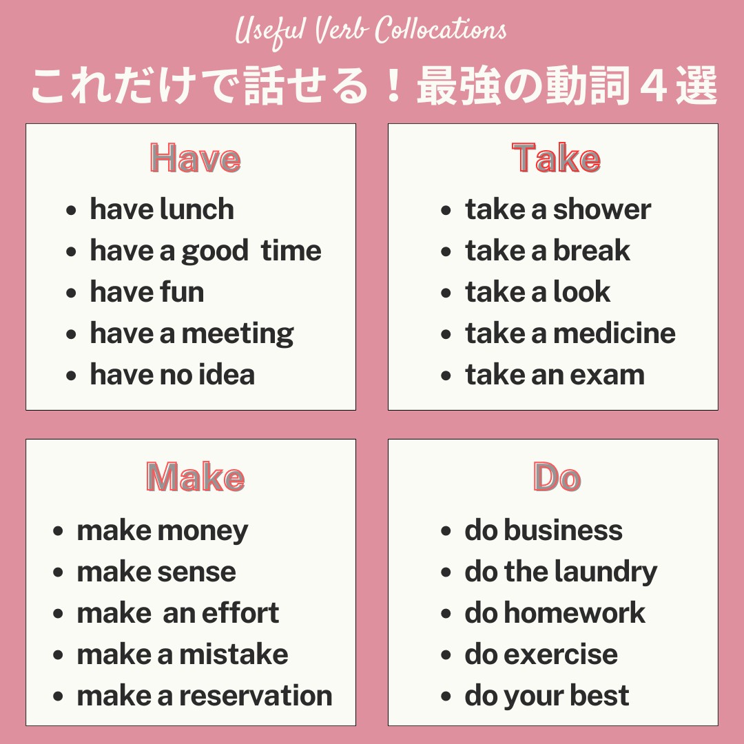東京外国語大学を卒業したけど、「have」「take」「make」「do」の最強基本動詞を使いこなせていない人が多すぎる。これだけで9割の日常英会話はカバーできる、覚えて使える表現をまとめました。インプットしたらアウトプット。自分で例文を作ってみよう。英語学習を習慣化したい人は固定ポストです。