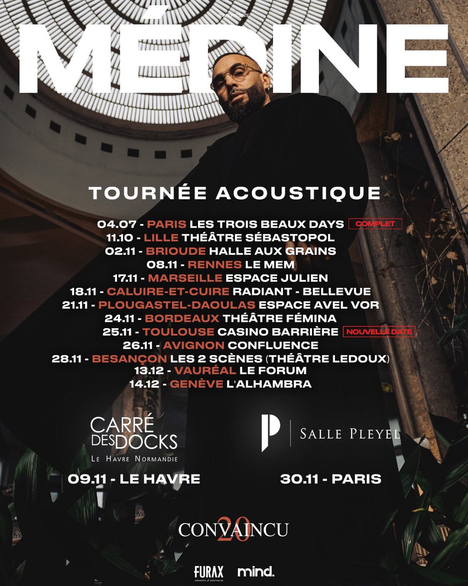 3 nouvelles villes pour la tournée acoustique 👇 TOULOUSE : spectacles.bleucitron.net/reserver/medin… PARIS : billetterie.seetickets.fr/medine-concert… LE HAVRE : billetterie.seetickets.fr/medine-concert…