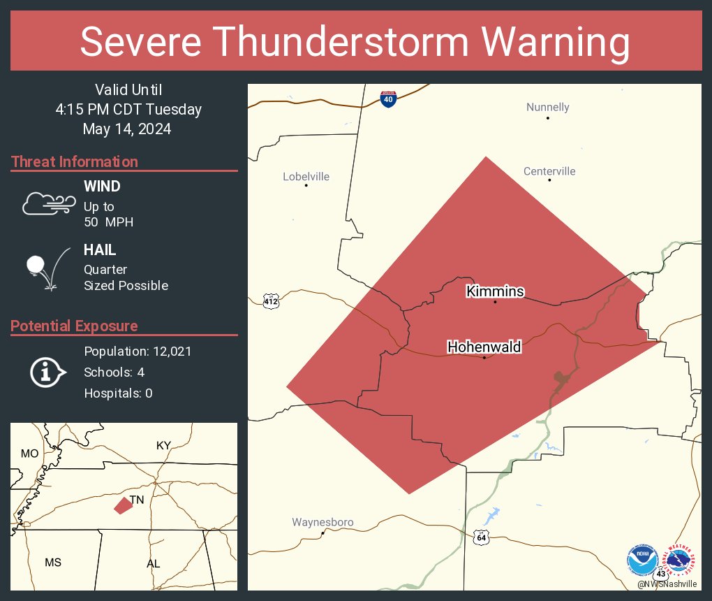 Severe Thunderstorm Warning including Hohenwald TN and  Kimmins TN until 4:15 PM CDT