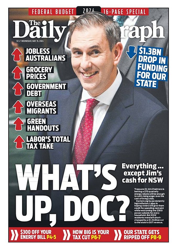 🇦🇺 What's Up Doc?

🔺Jobless Australians
🔺Grocery Prices
🔺Government Debt
🔺Oversea Migrants
🔺Green Handouts
🔺Labor's Total Tax Hike

Everything ... excepts Jim's cash for NSW

#frontpagestoday #Australia @dailytelegraph 🇦🇺