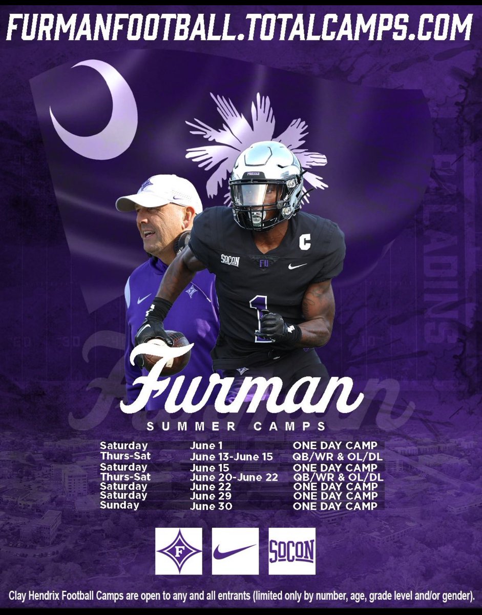 See you June 1st! 
Sign up below ⬇️ 

 🔗 
furmanfootball.totalcamps.com/About%20Us
