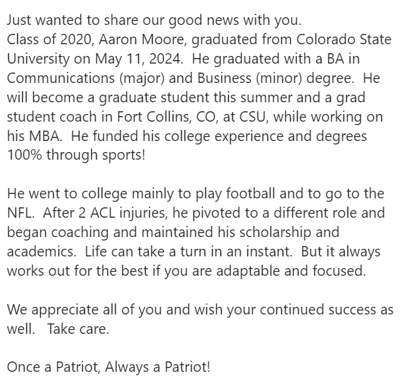 Brag Alert - got this info today and wanted to share. Congrats to Aaron Moore. #onceapatriot We love to hear from our alumni! Tag us - we'd love to share! @OHSPatsFootball