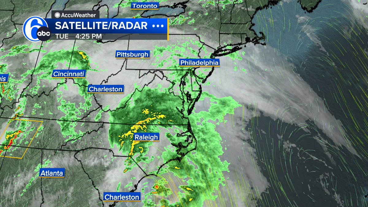 RAIN ON THE WAY The spotty showers we have now will transition to a steadier rain that you now see down in Virginia/North Carolina. Plan on a cool, wet and breezy midweek. Track w/ StormTracker 6 Live: 6abc.com/weather/dopple…