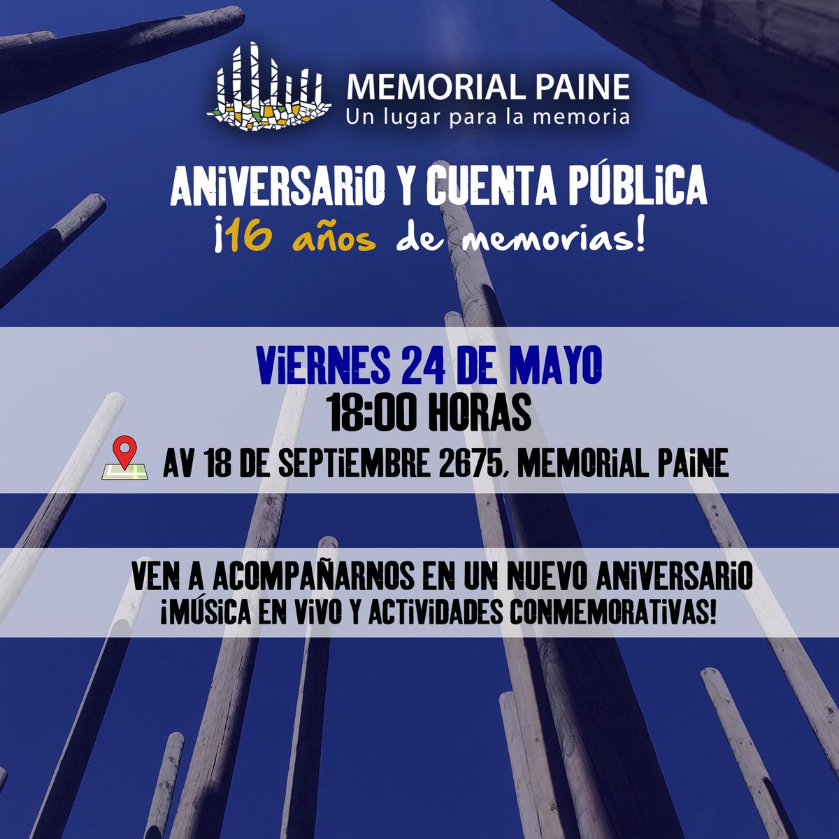 ✊ Te esperamos el 24 de mayo desde las 18:00 horas para ser parte de nuestro 16° aniversario y Cuenta Pública 2023! ¡La lucha por la memoria no se termina con los 50 años!
#Memoria
#DDHH
#Paine
#CuentaPública
#NuncaMás
#NoMásImpunidad
#DóndeEstán
#JusticiayMemoria