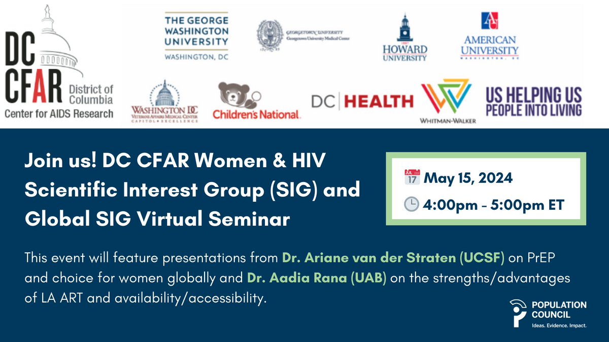 Please join us at the DC Center for AIDS Research, @DC_CFAR, for a Virtual Seminar on #HIV prevention for women! The event will feature presentations from Dr. Ariane van der Straten (UCSF) and Dr. Aadia Rana (UAB). RSVP: bit.ly/3UZI1MJ