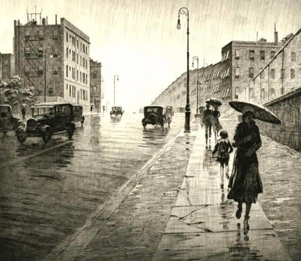 RAINY DAY, QUEENS. Drypoint, 1931. Location: 'Skillman Avenue, Queens.' Signed in pencil. MARTIN LEWIS