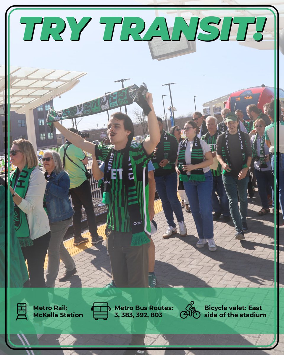 Heading out to the Austin FC vs. Houston Dynamo FC match tomorrow? ⚽ #TryTransit 🚇 Ride @CapMetroATX rail to McKalla Station 🚍 Ride @CapMetroATX bus routes 3, 383, 392, or 803 🚲 Use FREE bicycle valet on east side of Q2 stadium More info 👉 bit.ly/3wzrrKm