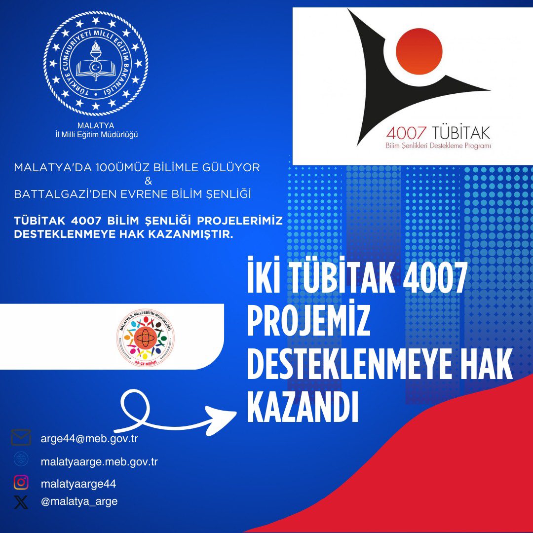 🇹🇷TÜBİTAK 4007 Bilim Şenlikleri Destekleme Programı Kapsamında 2 Projemiz TÜBİTAK tarafından Desteklenmeye Hak Kazanmıştır.🏆 Hayırlı olsun #Malatya. Emeği geçen Arge birimimize teşekkür eder başarılarının devamını dileriz. 👏 @tcmeb @Yusuf__Tekin @Tubitak @ersinyazici1