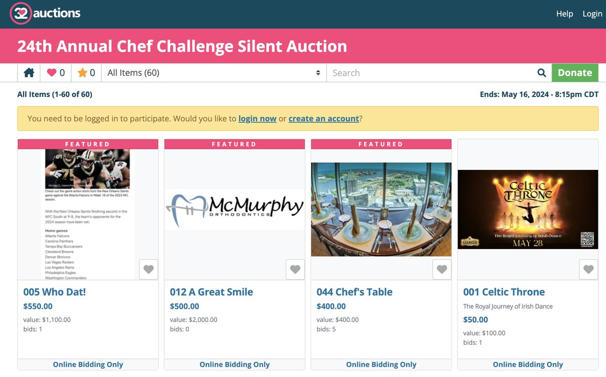 And we're live! The Chef Challenge Silent Auction, that is! Don't wait, go ahead and get your bids in online before the event this Thursday! 32auctions.com/organizations/…