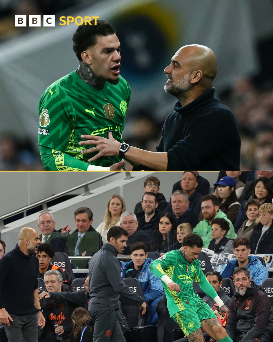 The water bottles took a kicking! 😬 Ederson was not happy to be substituted after taking a knock to the head. #BBCFootball #TOTMCI