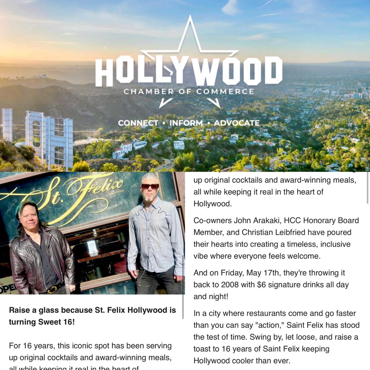 SaintFelixHollywood (@stfelixhwd) on Twitter photo Thank you Hollywood Chamber of Commerce <a href="/HollywoodArea/">Hollywood Chamber</a> for the Kind Words & Support of <a href="/StFelixHwd/">SaintFelixHollywood</a> as we Celebrate our St Felix Sweet 16 Anniversary This Friday May 17th! Cheers to all your efforts in the Hollywood Community! 🥂⭐️ Thank you Hollywood Chamber of Commerce <a href="/HollywoodArea/">Hollywood Chamber</a> for the Kind Words & Support of <a href="/StFelixHwd/">SaintFelixHollywood</a> as we Celebrate our St Felix Sweet 16 Anniversary This Friday May 17th! Cheers to all your efforts in the Hollywood Community! 🥂⭐️