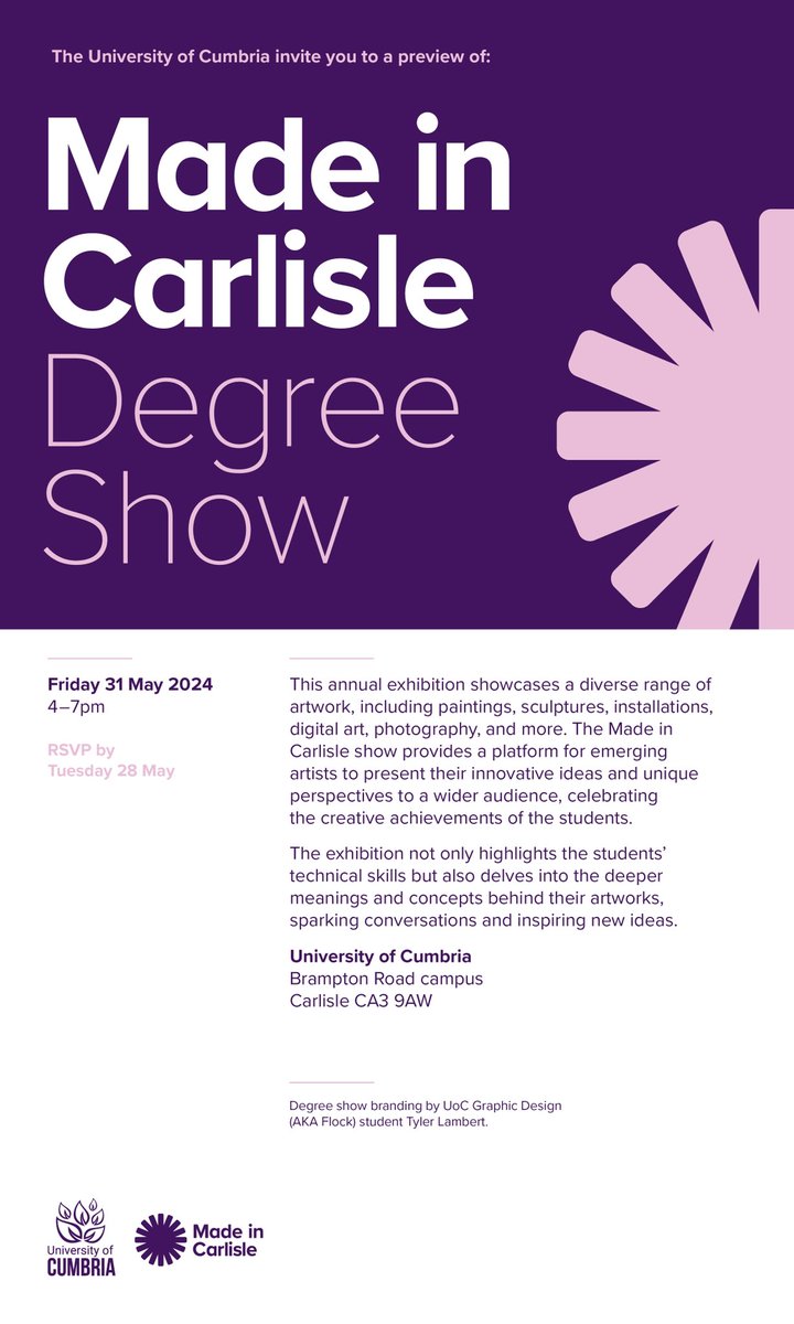 We’re very proud of our amazing 3rd year students who are currently working hard to prepare for their Degree Show 2024.  All students and graduates are very welcome to the opening event and to visit at any time during the exhibition, details below -