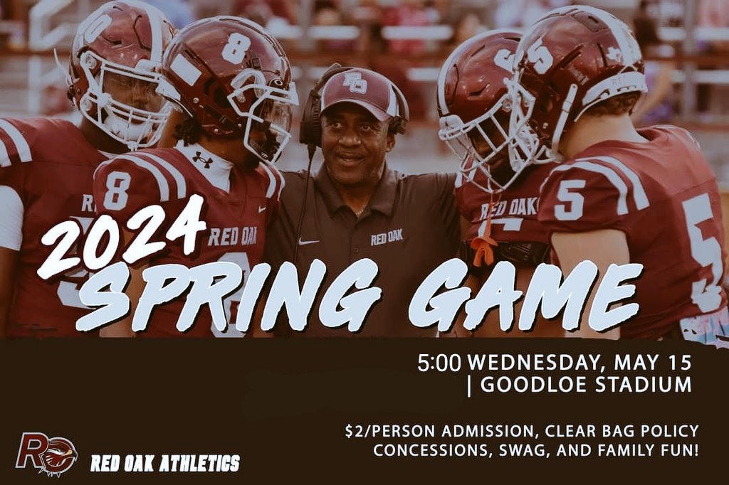 Update: Our spring game start time has been CHANGED. We will begin practice at 5:00 p.m. tomorrow (5/15) with our scrimmage beginning at 5:30. We look forward to seeing you! College coaches, please contact Coach Johnson/Riser/Robinson with any inquiries. #GoHawks #RecruitRedOak