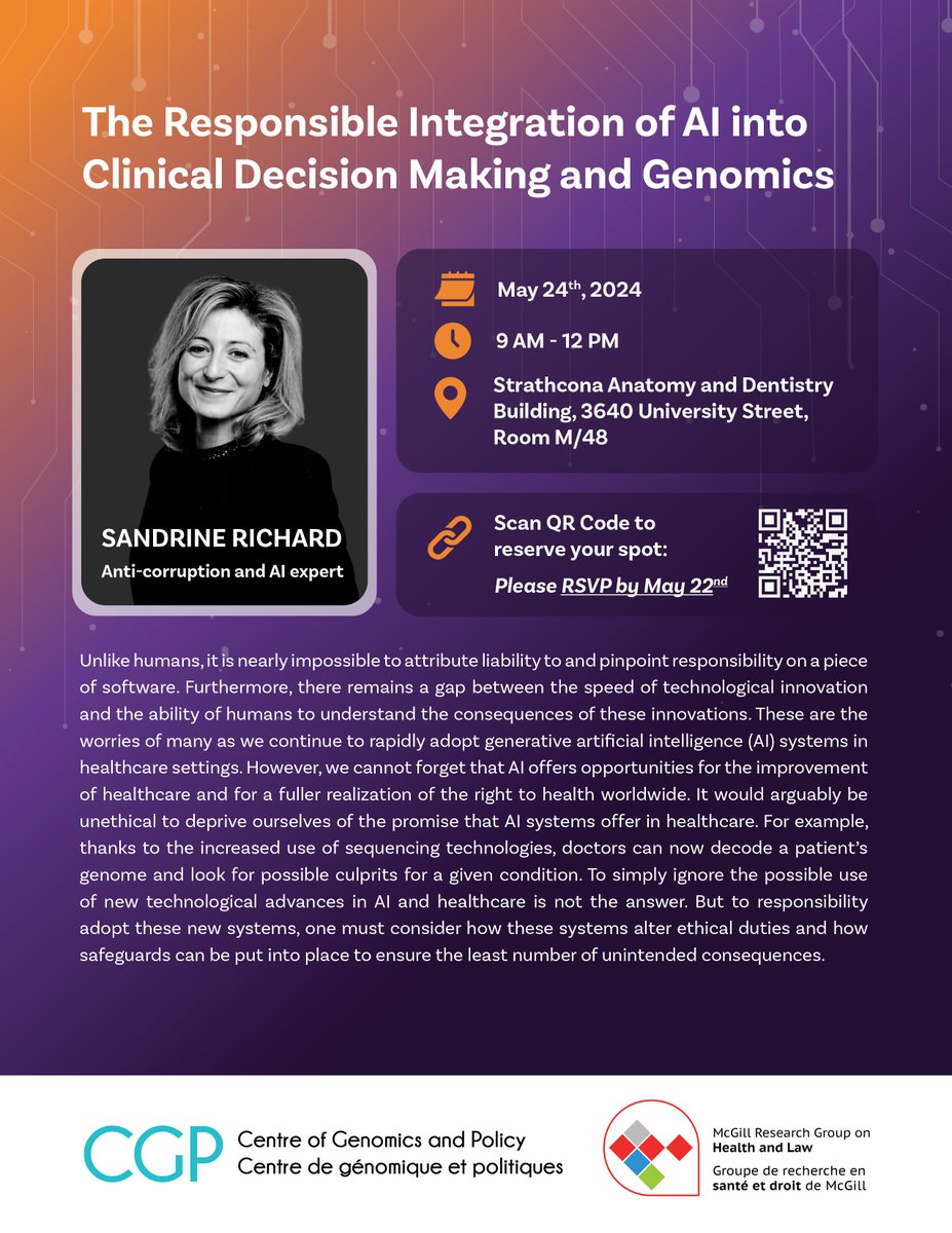 Centre Gen. & Policy (@genomics_policy) on Twitter photo The CGP and the McGill Research Group on Health and Law are hosting next week's upcoming talk "The Responsible Integration of AI into Clinical Decision Making and Genomics" led by Sandrine Richard. RSVP to reserve your spot: forms.gle/SWxd6XSYxUKSZu…
#AI #ClinicalDecisionMaking The CGP and the McGill Research Group on Health and Law are hosting next week's upcoming talk "The Responsible Integration of AI into Clinical Decision Making and Genomics" led by Sandrine Richard. RSVP to reserve your spot: forms.gle/SWxd6XSYxUKSZu…
#AI #ClinicalDecisionMaking
