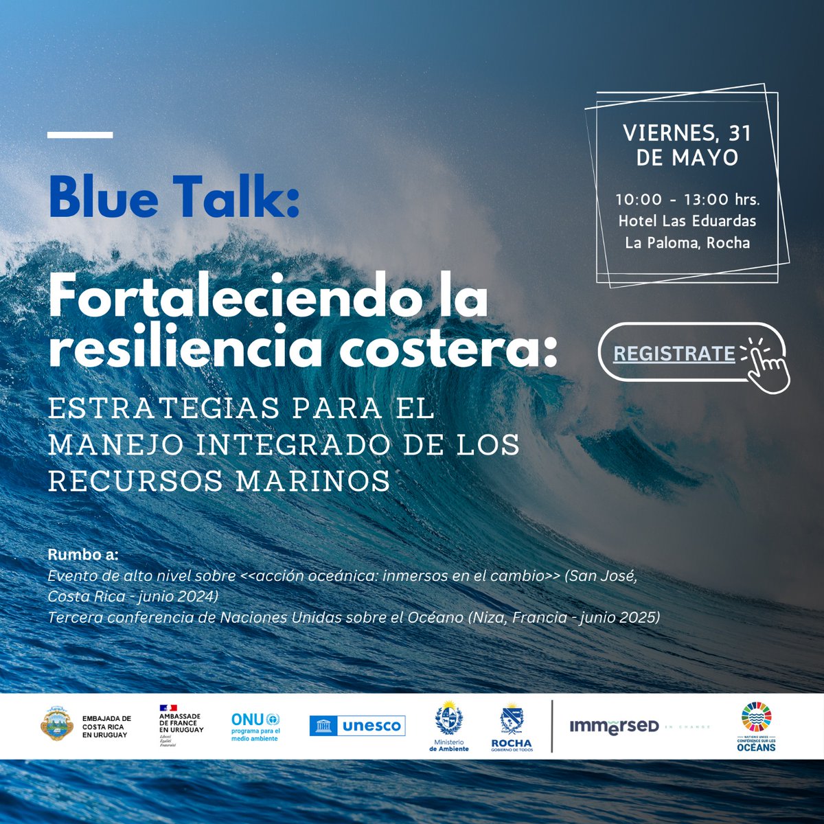 La Embajada de 🇫🇷, la Embajada 🇨🇷 y el Programa de las Naciones Unidas para el Medio Ambiente (PNUMA) en Uruguay, invitan al evento de discusión y de reflexión, “Blue Talk: Fortaleciendo la resiliencia costera: Estrategias para el manejo integrado de los recursos marinos”