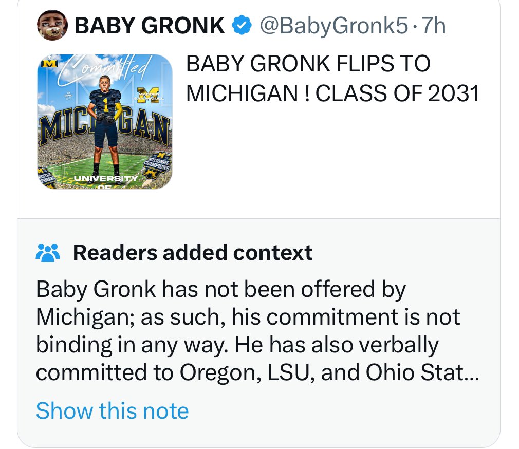 Say what you want about Baby Gronk, but if we’re gonna start putting Community Notes on recruiting announcements then things are about to get wild.