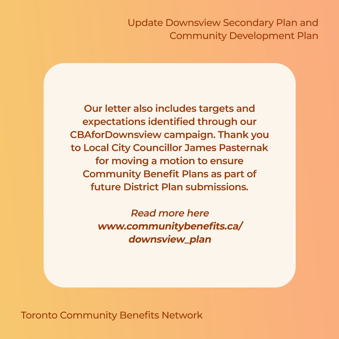 This month, Toronto City Council will be voting on the Downsview Secondary Plan and Community Development Plan.

Thank you @PasternakTO for moving a motion to ensure Community Benefit Plans as part of District Plan submissions

Visit: communitybenefits.ca/downsview_plan

#communitybenefits
