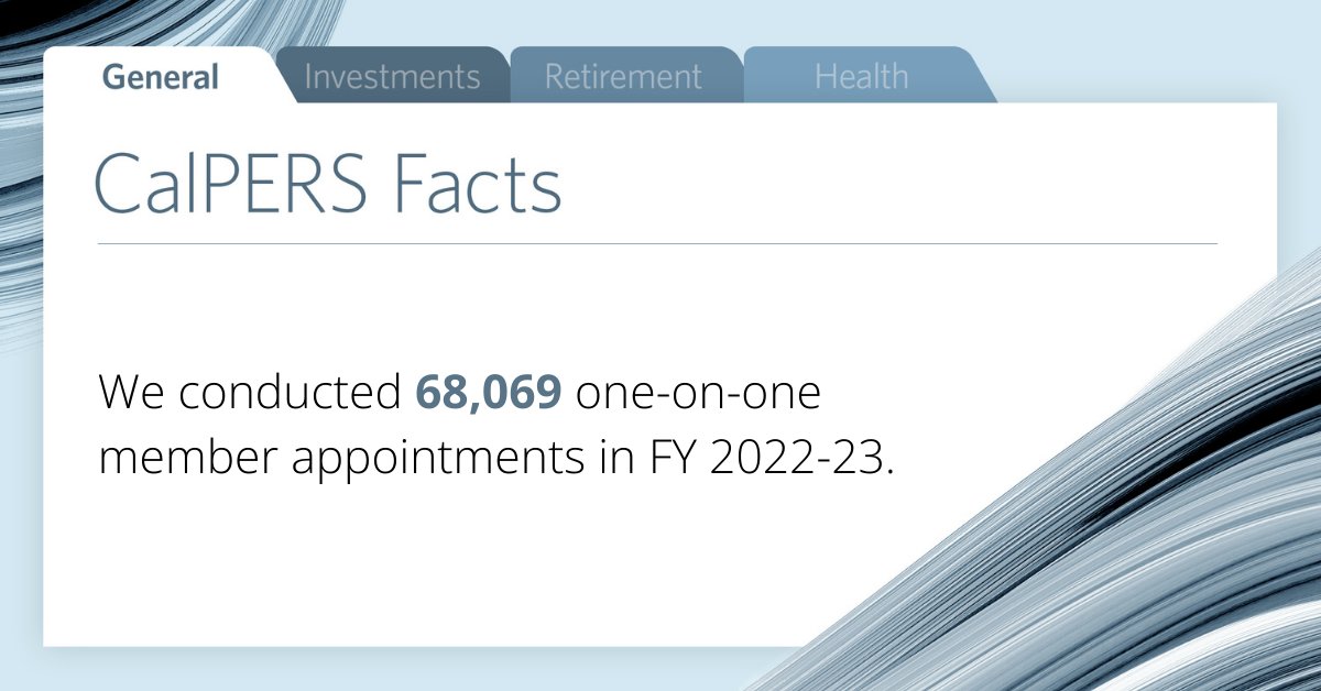 We offer five types of appointments to serve our members: account services, disability retirement, health benefits, service credit, and service retirement. Make an appointment: bit.ly/3Sqc6E7. #CalPERSFact