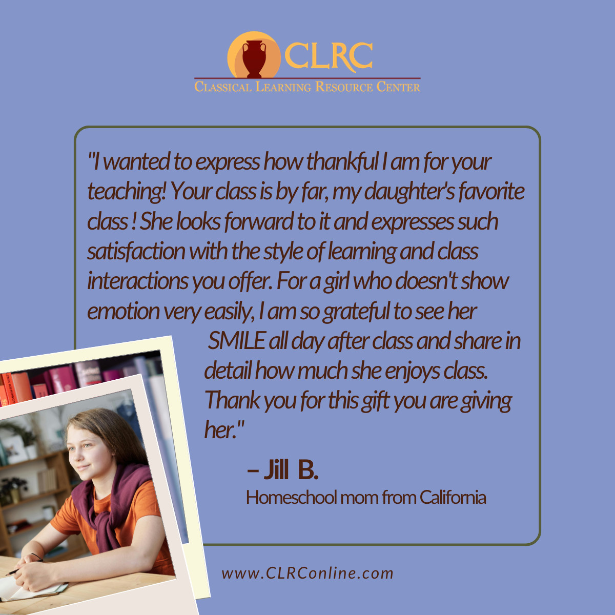 'I wanted to express how thankful I am for your teaching! Your class is by far my daughter's favorite! I am so grateful to see her SMILE all day after class & share how much she enjoys class. Thank you for this gift you are giving her.' - Jill, CA #homeschool #classicaleducation