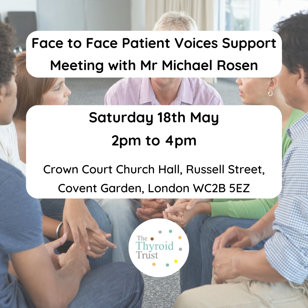 MORE SPACES AVAILABLE: Join @MichaelRosenYes, charity ambassador, renowned author, and poet this Saturday 18th May at 2pm for our special face-to-face, peer support meeting in London, as part of our #ITAW and World #Thyroid Day celebrations! Register at: ITAWF2F-Michael-Rosen.eventbrite.co.uk