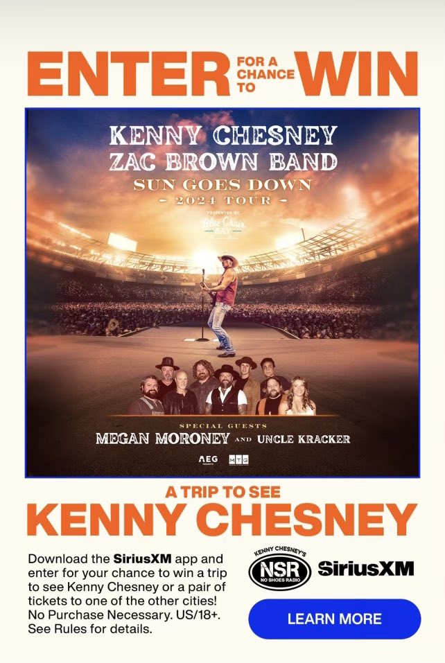 ENTRY PERIOD CLOSES ON MAY 19th! Enter now for your chance to win a trip to see Kenny Chesney on the #SunGoesDownTour 🏴‍☠️🧡