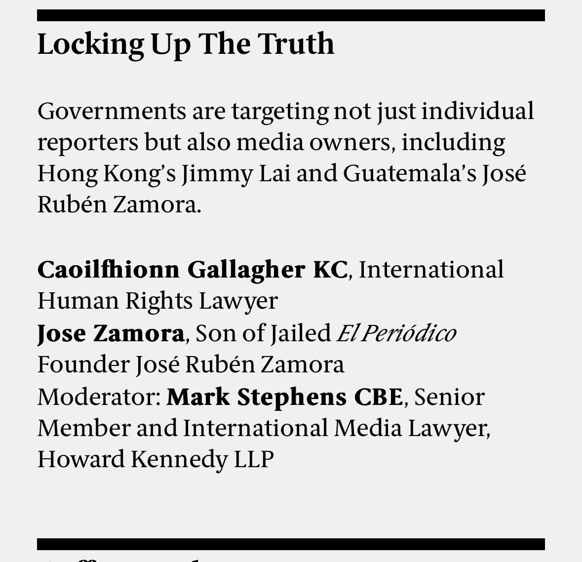 Tomorrow I will be at #TruthTellers @sirharrysummit, discussing why governments no longer just target individual reporters, but now take aim at media owners. We’ll discuss two brave, brilliant men: #JimmyLai in #HongKong & #JoséRubénZamora in #Guatemala. @MarksLarks @jczamora