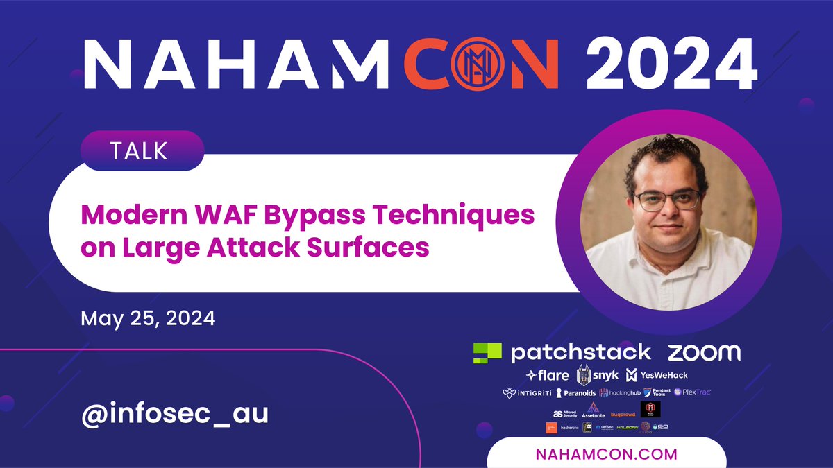Excited to announce #NahamCon2024 keynote speaker @infosec_au with his talk 'Modern WAF Bypass Techniques for large attack surfaces'! 🗓️ Saturday, May 25 👉🏼 NahamCon.com/schedule 👀 YouTube.com/NahamSec