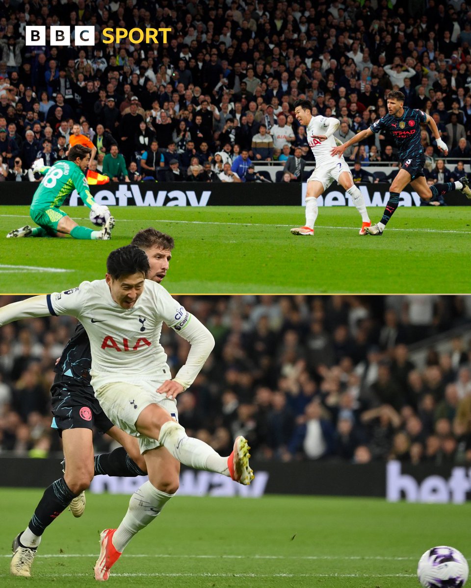 A potentially pivotal moment in the title race as Son Heung-min fails to convert this chance through on goal. 😮 And Spurs are now two behind as Erling Haaland scores from the penalty spot. #BBCFootball #TOTMCI