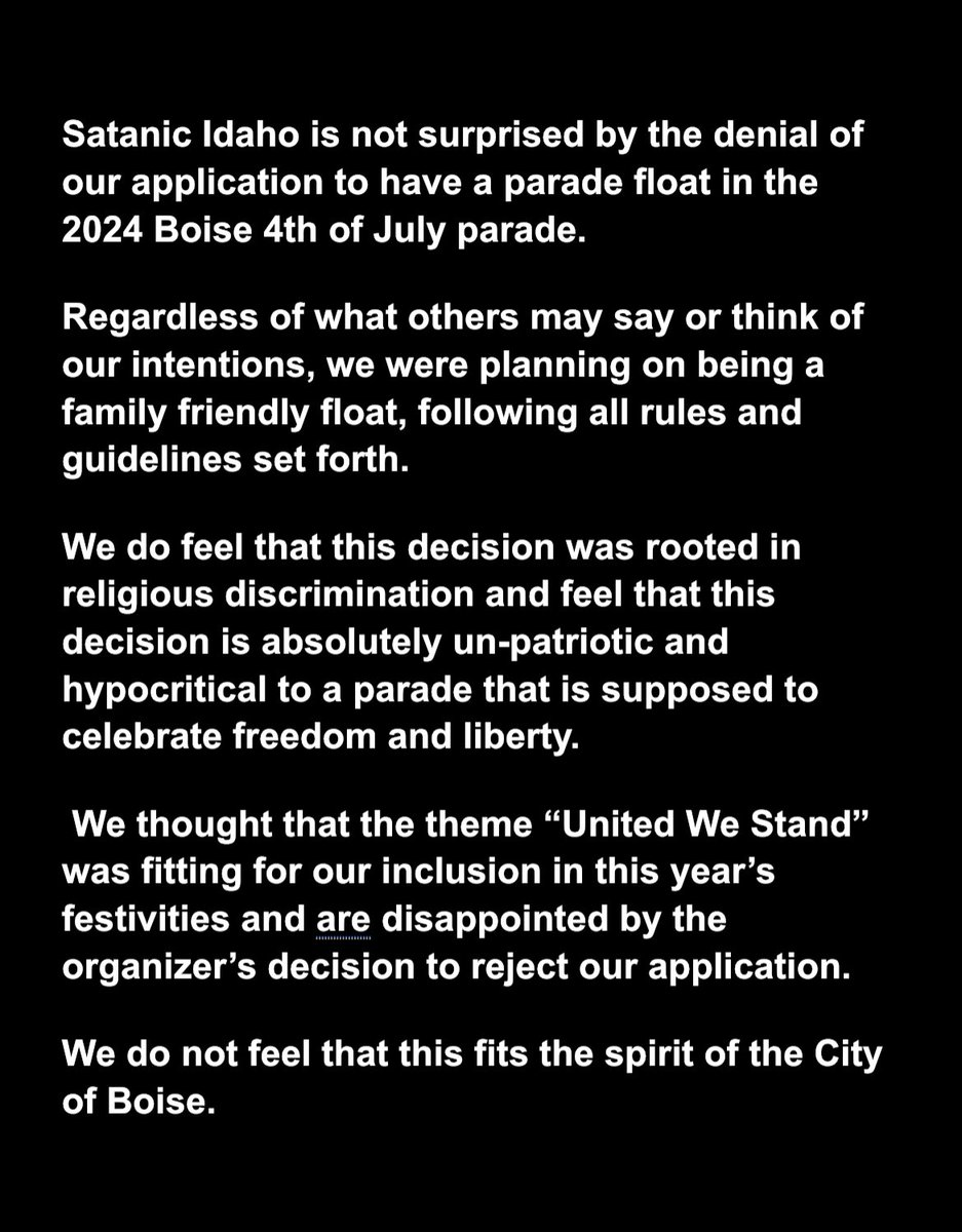Our brief statement on the Boise 4th of July rejection to our application.
#boise #idaho #idpol #idgop #parade #satanism #religiousplurality