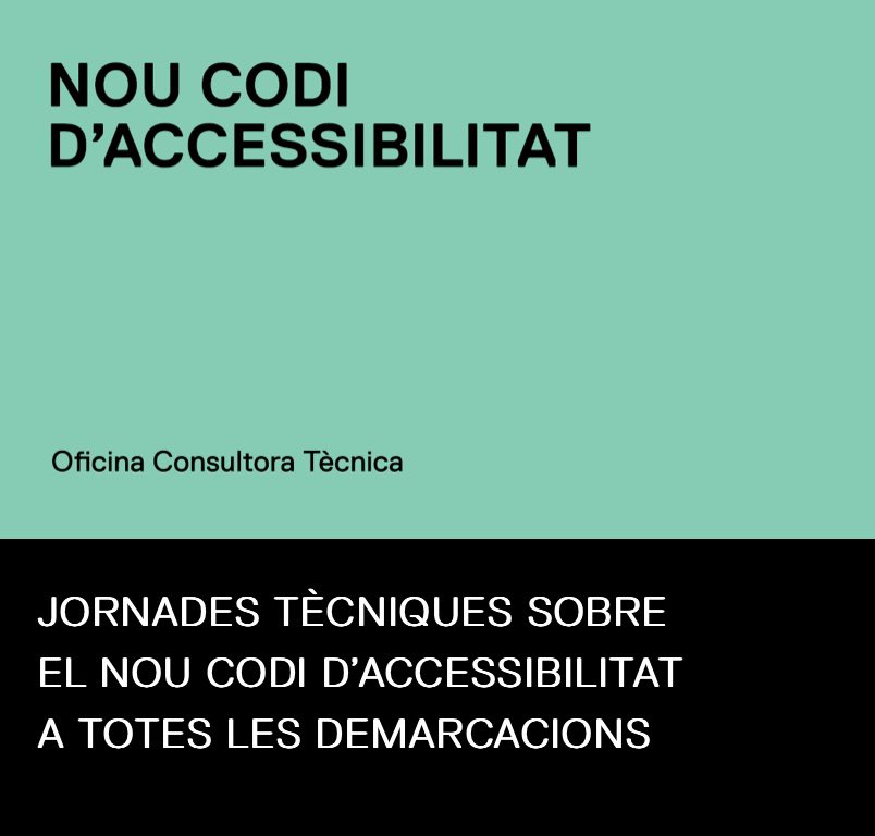 NOU CODI D'ACCESSIBILITAT Jornada Tècnica| Amb motiu de l'entrada en vigor del nou Codi d’Accessibilitat de Catalunya (Decret 209/2023), l'OCT del COAC organitza una jornada presencial ➡️ 31 de Maig > 10 h 📍Sala d'actes · COAC Lleida 🔗 Inscriu-te: tuit.cat/j2i9C