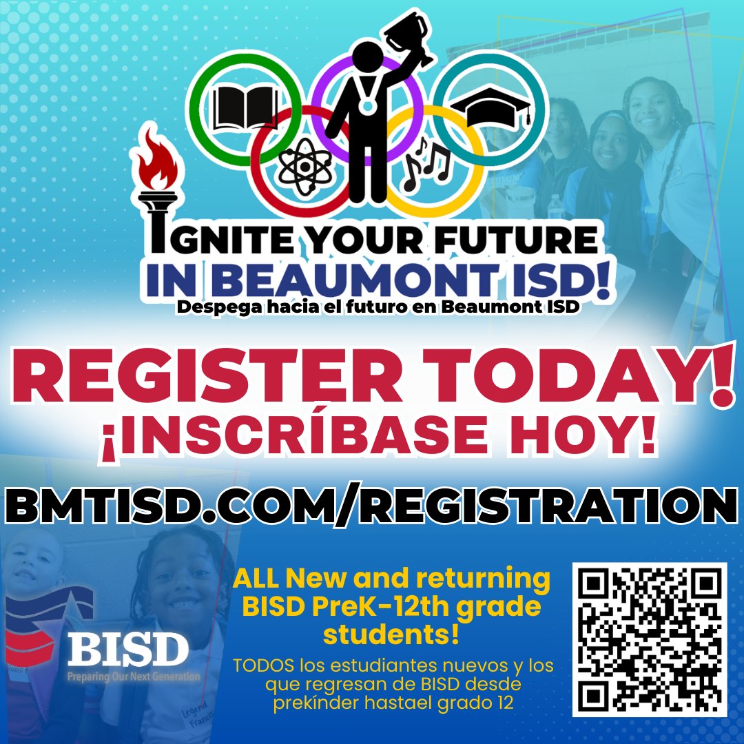 🤩Ignite your future in Beaumont ISD and complete your 2024-25 registration today! All current, returning, and new students must complete the 2024-25 online registration process! Don't wait, register online at bmtisd.com/registration today! 🏫
