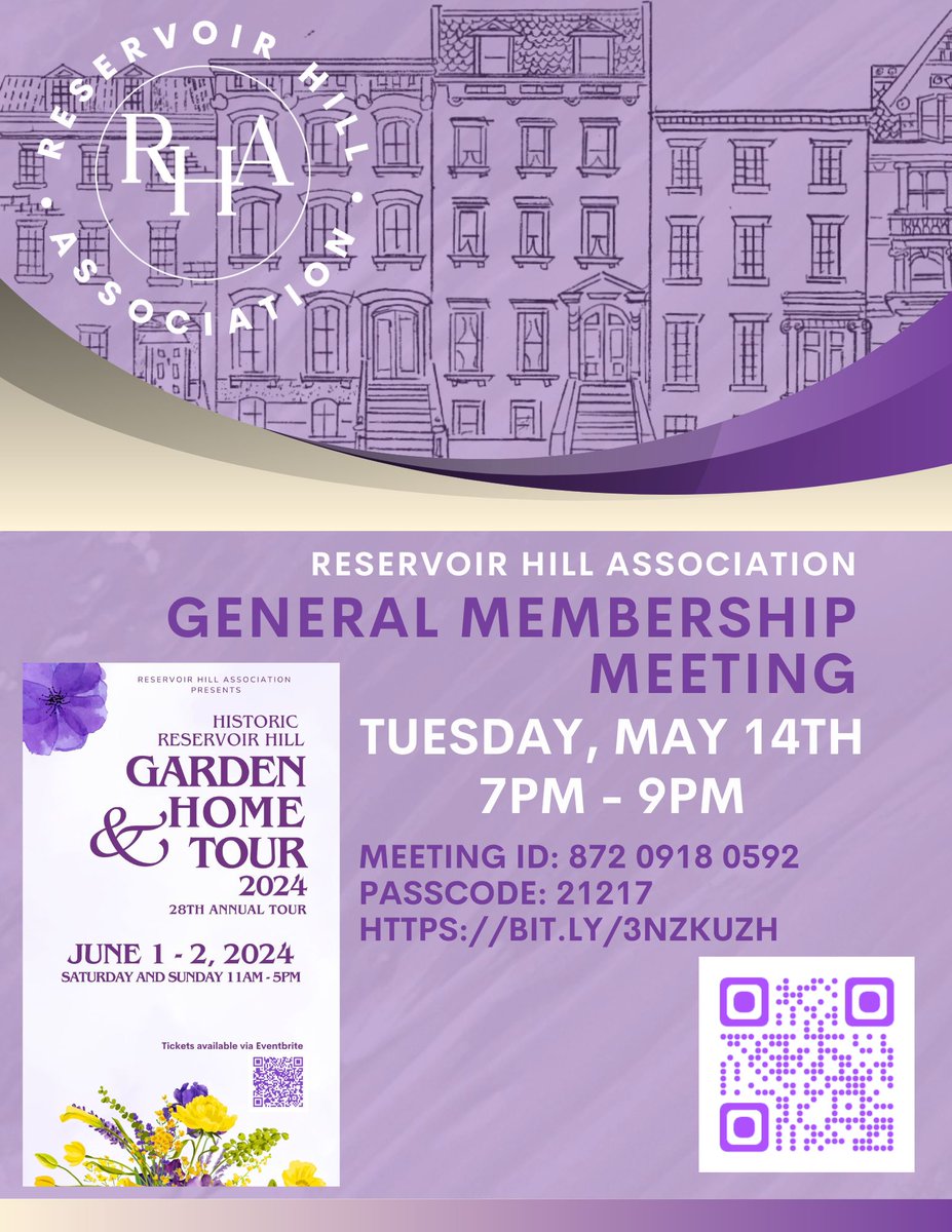 Join us for the Reservoir Hill Association General Membership Meeting this evening at 7PM.
Zoom link: bit.ly/3nzKuzh
See you @ 7!

#CommunityInvolvement #Community #ReservoirHill #GeneralMeeting #ReservoirHillAssociation