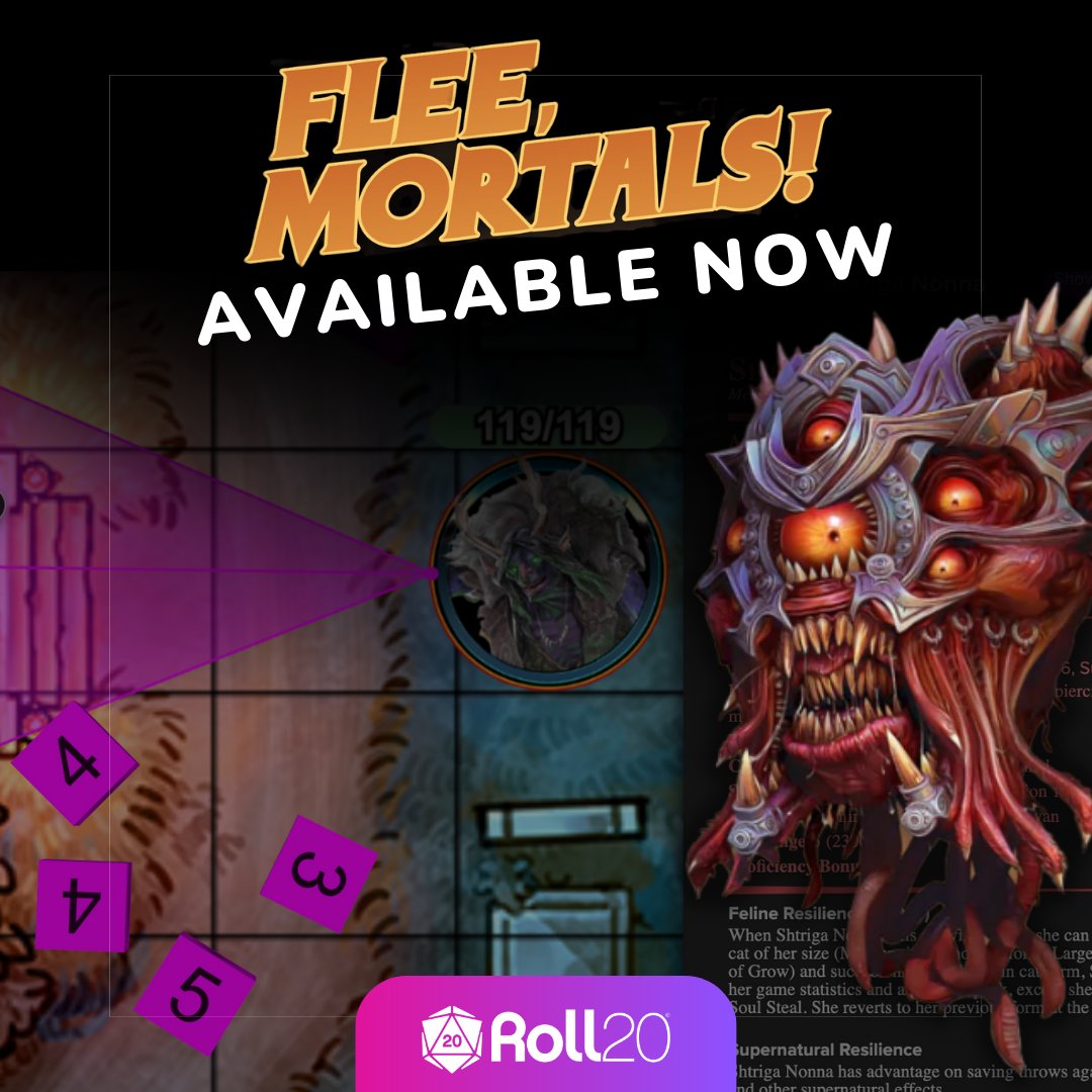 D&D encounters feeling a bit stale? Spice up your battles with Flee, Mortals! Roll20 handles the monster stat blocks, tokens, and easy rules reference so you can focus on your players feeling like true heroes as they face new challenges. Play today: marketplace.roll20.net/browse/bundle/…