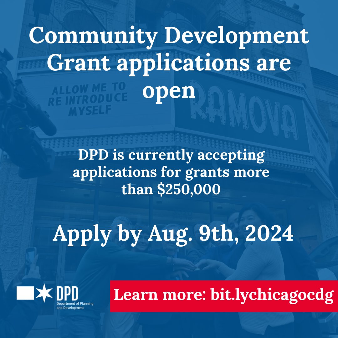 Apply by August 9th! <a href="/ChicagoDPD/">Chicago DPD</a> is accepting applications for Community Development Grants more than $250,000. Learn more and apply: bit.ly/chicagocdg. #BuiltbyCHI