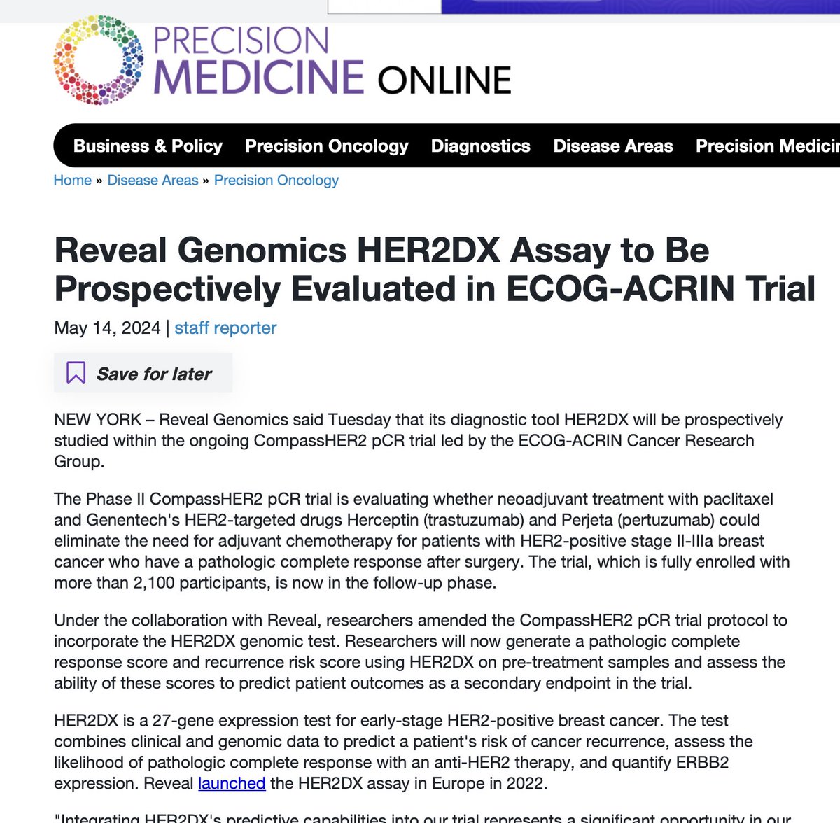 Reveal Genomics HER2DX Assay to Be Prospectively Evaluated in ECOG-ACRIN Trial | Precision Medicine Online @RevealGenomics shorturl.at/iLSUX #COI