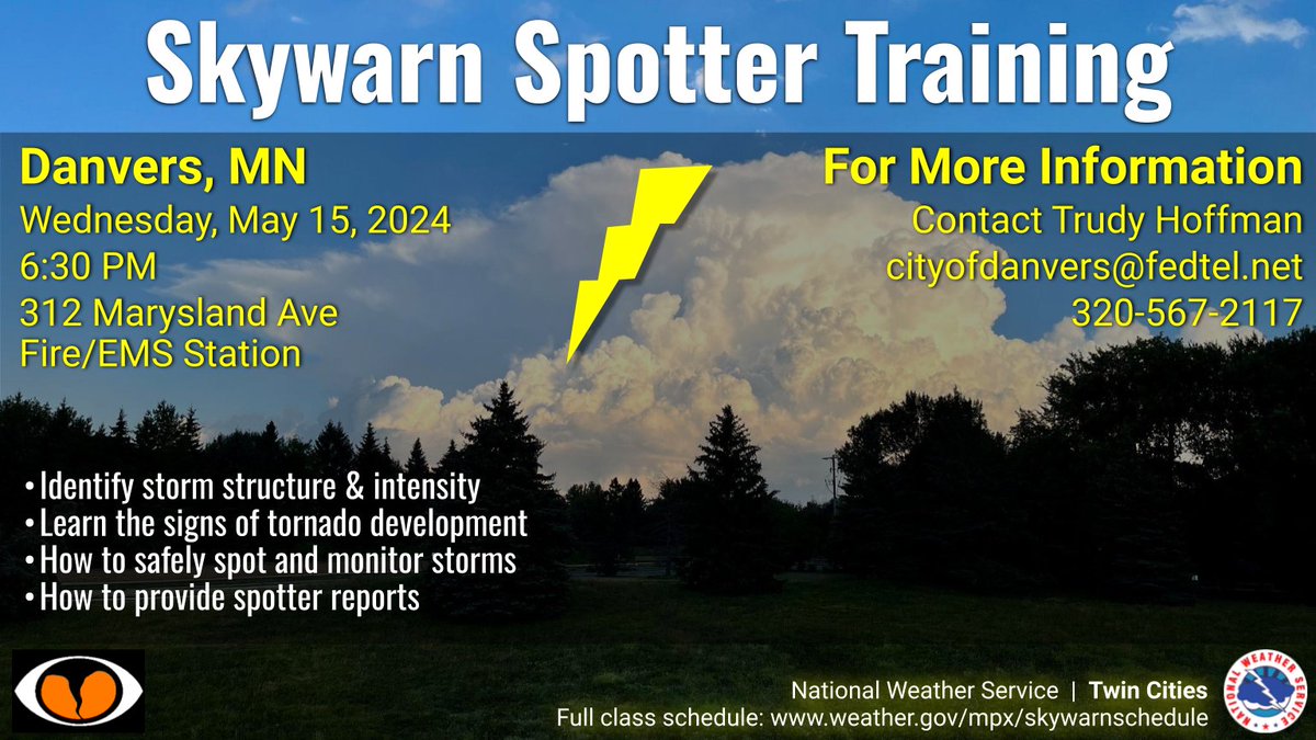 A Skywarn weather spotter class has just been added for Wed, May 15 at 6: 30 p.m. in Danvers, MN (Swift County). You are welcome to attend; there is no charge. It will be at the Fire/EMS station at 312 Marysland Ave. More info available at: weather.gov/mpx/skywarnSch……. #mnwx