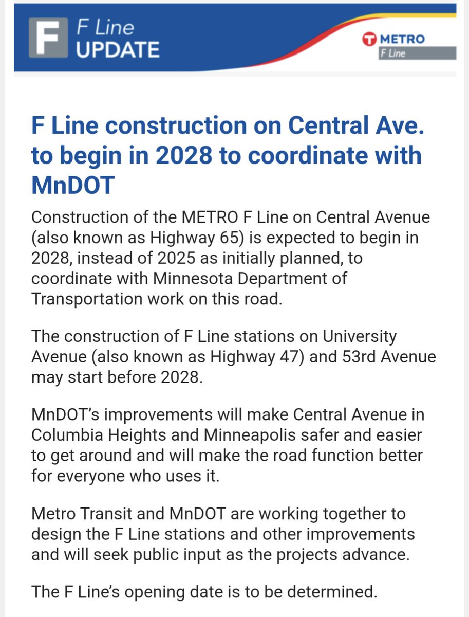 Not breaking news, but news to me:
F Line construction delayed from 2025 to 2028 to coordinate with MnDOT road work on Central. F Line will eventually bring rapid bus service to Metro Transit's route 10 corridor. From downtown through NE, all the way to Blaine.
