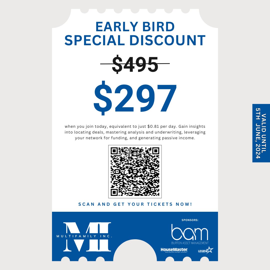 Unlock your real estate potential at the 2-Day Multifamily Masters Event! Early Bird Discount: $297 (Original Price: $495). June 28-29, 2024. Hyatt Place Downtown, Boca Raton, FL. Just $0.81/day! Don't miss out! 🔗 bit.ly/2DayMultifamil… #RealEstateInvesting #events #Florida