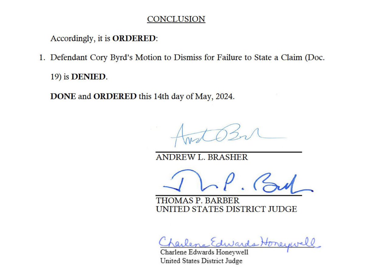 The panel in our racial gerrymandering case over two Tampa-area Florida Senate districts just unanimously denied the state’s motion to dismiss, allowing our case to proceed 🥳 Read the order: drive.google.com/file/d/1Ycalf3…