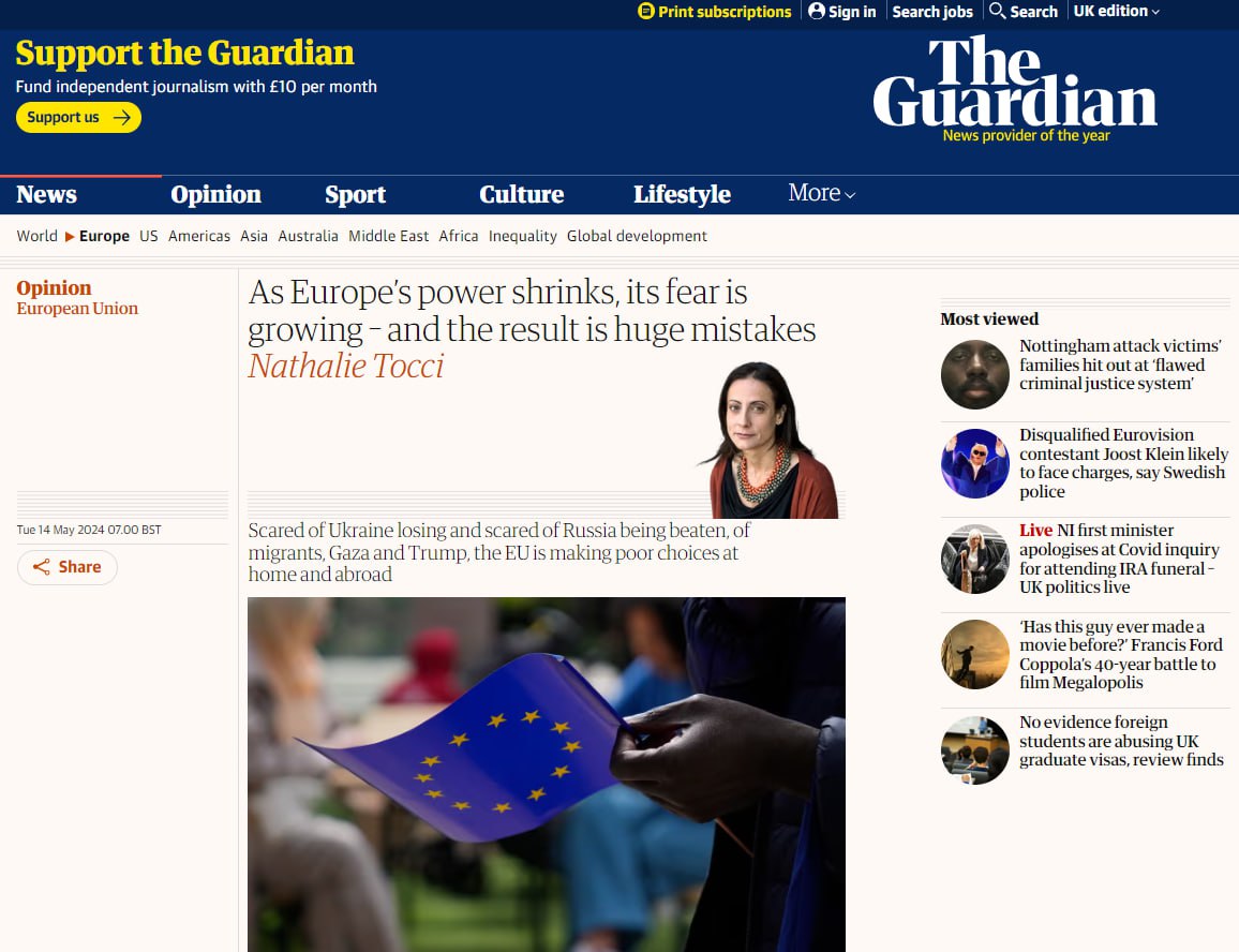 Europe is afraid of everything and is bringing its end closer - The Guardian

Europe no longer has the same weight on the world stage, states The Guardian. Previously, of course, it was not a superpower, but its hallmarks were multilateralism, flourishing democracy, soft power