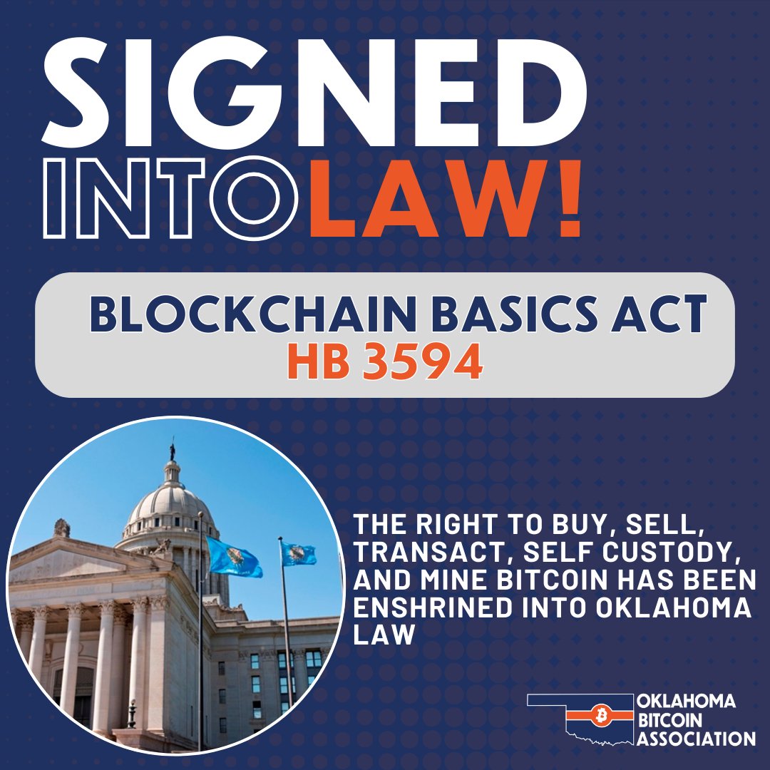 SIGNED! ✍️🎉

On Monday afternoon, Gov. Kevin Stitt put Oklahoma on the forefront of #Bitcoin legislation by signing HB3594 into law. 

The law makes Oklahoma the FIRST State to codify the rights of its citizens to run a node, to mine, and to self-custody their Bitcoin.