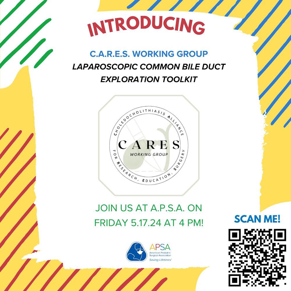 🐥Looking to get your “ducts” in a row? 🐥 Here are all the tools you need for Laparoscopic Common Bile Duct Exploration courtesy of the CARES Working Group. Come see us at #APSA24 Friday 4PM in Pinnacle Peak 1. Check out the QR code or shorturl.at/iCR45! #pedsurgbestsurg