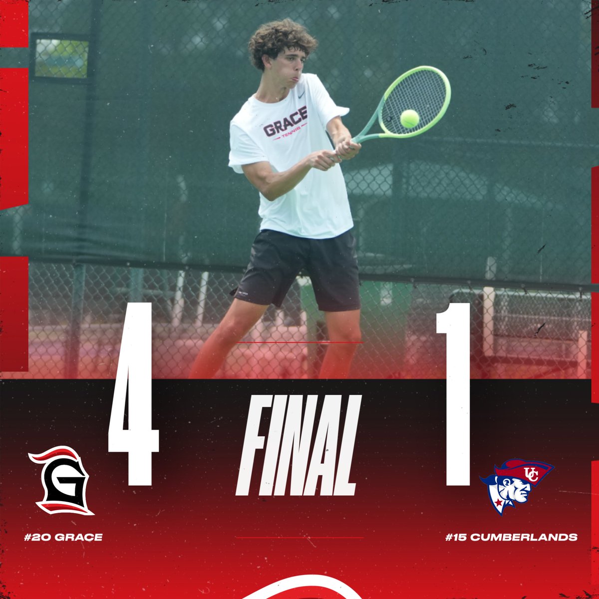 🚨 UPSET COMPLETE! 💪 Grace Men's Tennis kicks off play at the NAIA National Championships with a 4-1 upset of No. 15 Cumberlands! 🎾 Lancers will battle with No. 3 Keiser in the morning in the NAIA Second Round. #LancerUp #NAIATennis
