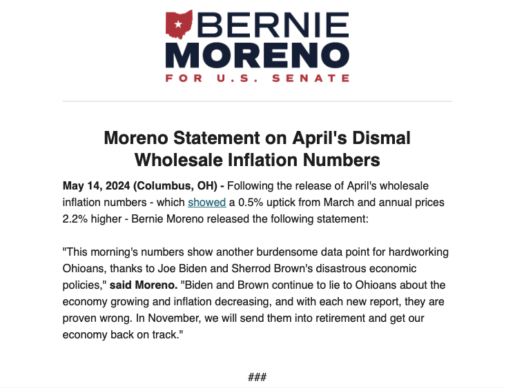 Joe Biden and Sherrod Brown want to fool people into thinking that the economy is good, but it's clear that because of their reckless inflationary policies, prices keep rising and Ohio families are getting crushed.