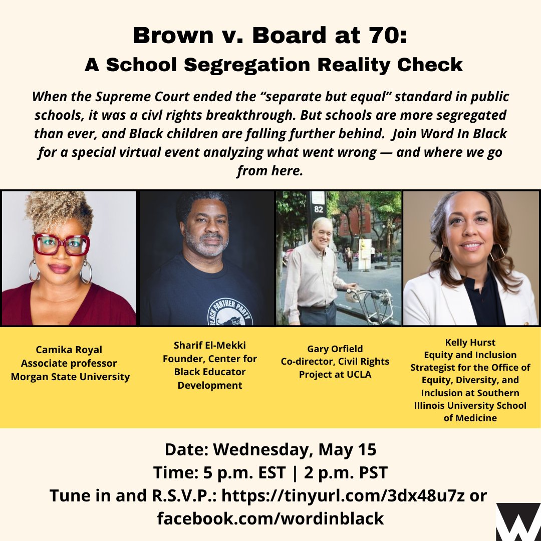 Happening today! Tune in to “Brown v. Board at 70” at 2 p.m. PT/5 p.m. ET on Zoom or Facebook Live. See you there!