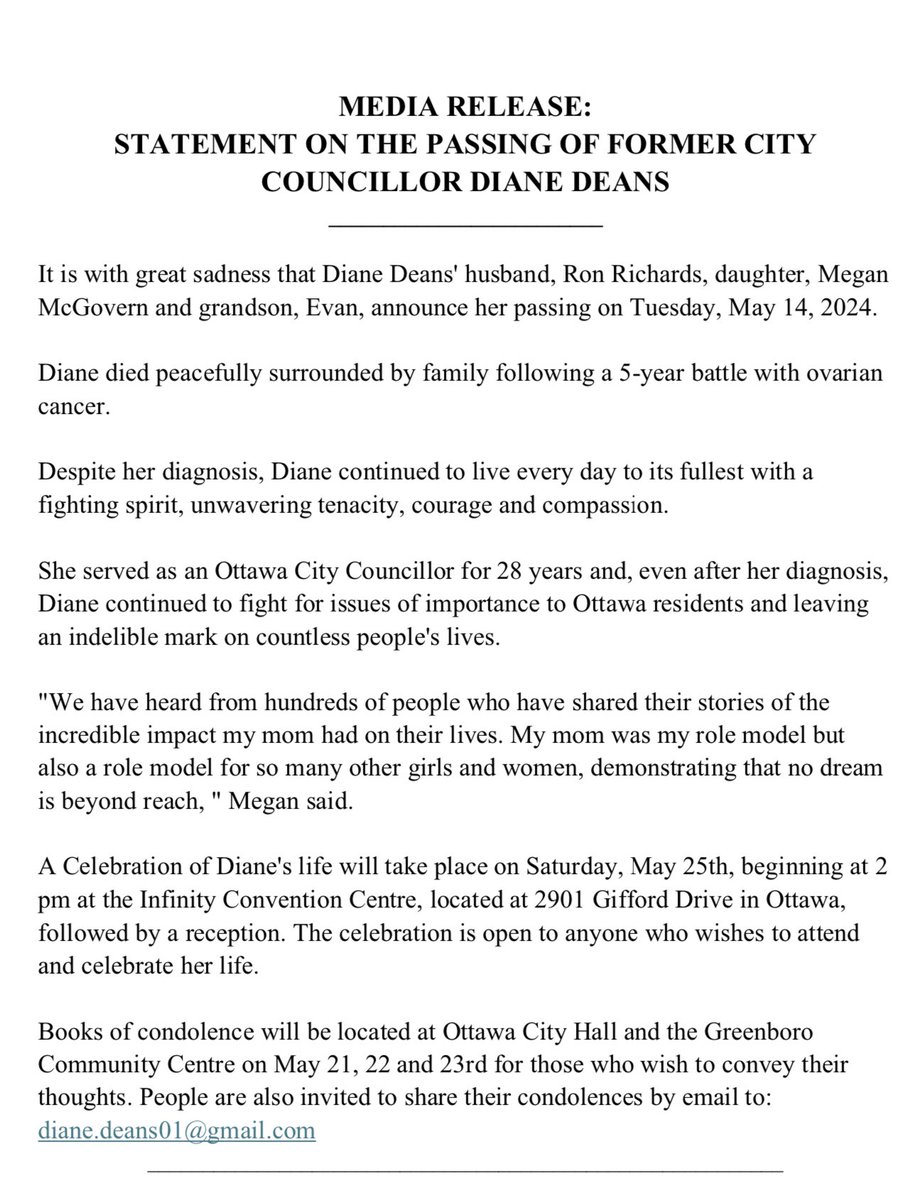 Very sad news. Diane Deans has passed away #ottnews #ottawa